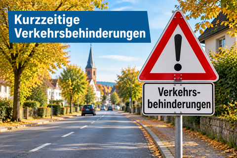 Symbolbild Straßenverkehr mit Hinweis auf kurzfristige Verkehrsbehinderung - erstellt mit KI